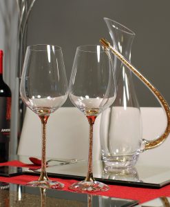 Crystal Wine Glasses and Decanter Set with Gold Swarovski Crystals.
