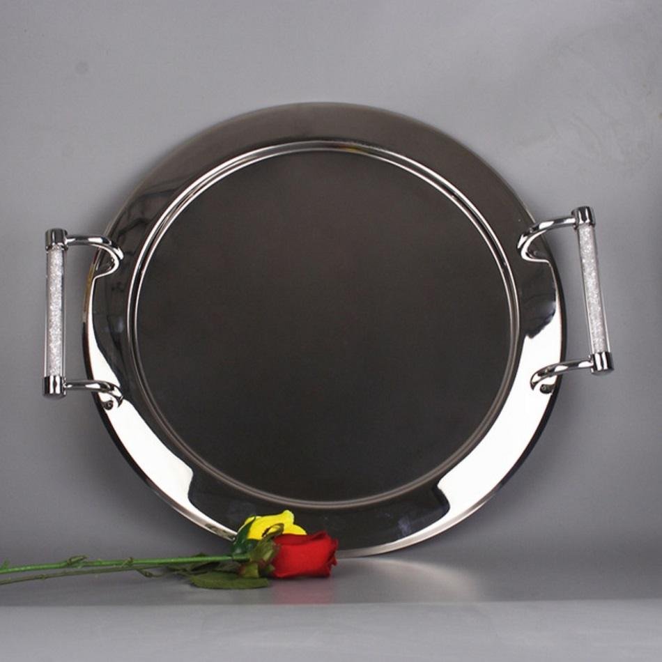 Round Stainless Steel Serving Tray With Swarovski Crystal Filled Handles