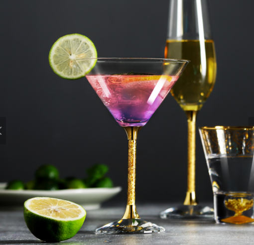 Pair of 24ct Gold Leaf Filled Stem Cocktail Glasses Martini
