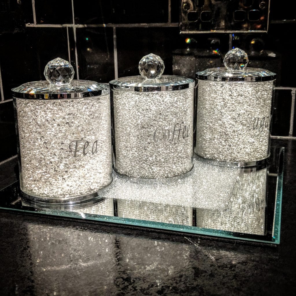 Silver Tea Coffee Sugar Canister Set Storage Jar with Swarovski Crystals