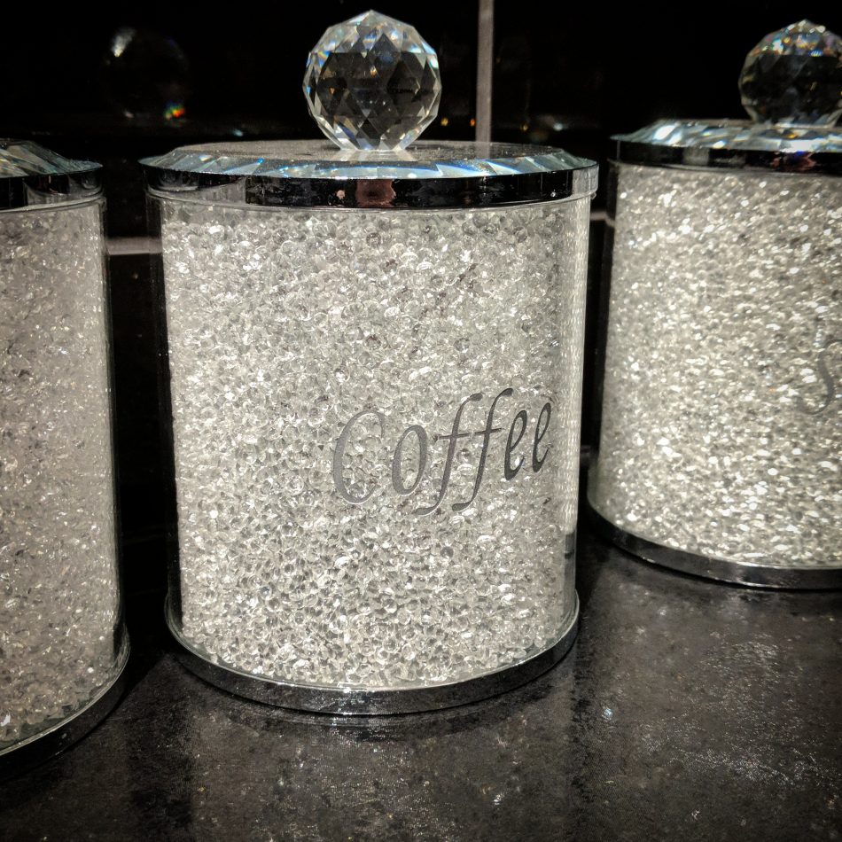 TEA SUGAR COFFEE CANISTER JAR STORAGE SET OF 3 WITH SPARKLING CRYSTAL DIAMANTE ELEMENTS 
