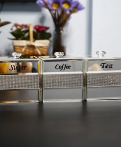 Square Silver Tea Coffee Sugar Canister Set Storage Jar with Swarovski Crystals