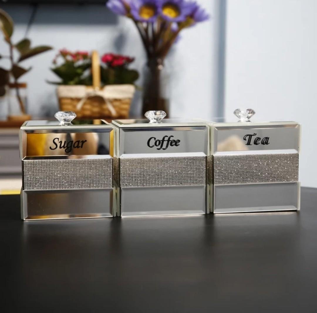 Square Silver Tea Coffee Sugar Canister Set Storage Jar with Swarovski Crystals