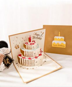 Pop Up 3D Gold "Happy Birthday" Cake Card